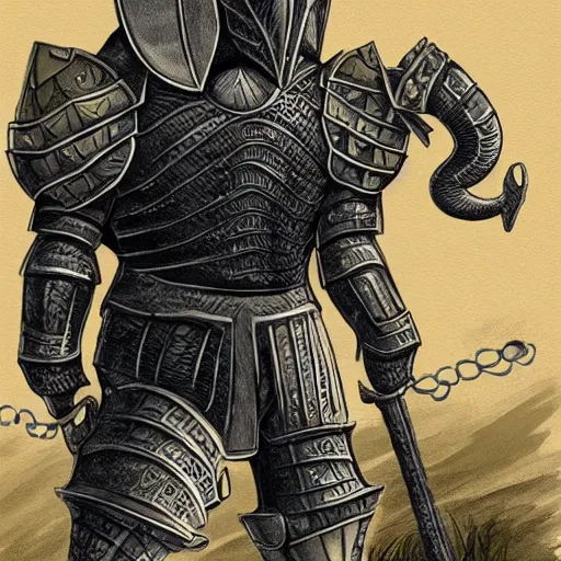 Prompt: armored knight wearing an elephant shaped helmet, pulp fantasy illustration