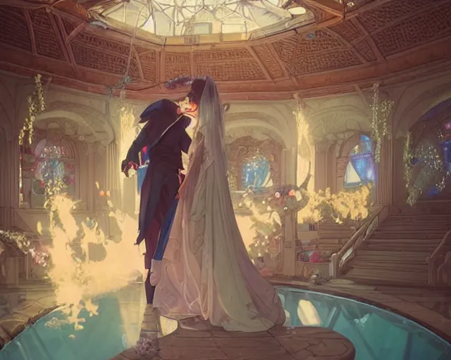 Prompt: a wedding in a swimming pool, photography of kurzgesagt, deep focus, d & d, fantasy, intricate, elegant, highly detailed, digital painting, artstation, concept art, matte, sharp focus, illustration, hearthstone, art by artgerm and greg rutkowski and alphonse mucha