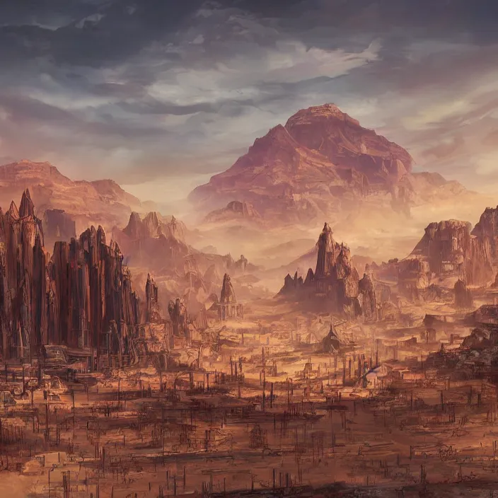 Image similar to large densely packed bustling old western style city in the middle of a sandy flat desert with a single mountain on the very distant horizon. magic the gathering art, digital media