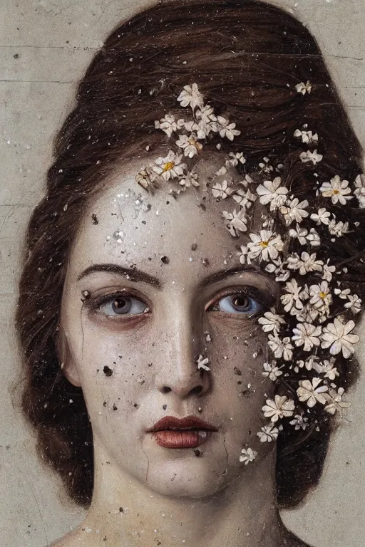 Prompt: hyperrealism close - up mythological portrait of a medieval woman's shattered face partially made of сhocolate colour flowers in style of classicism, pale skin, wearing silver dress, dark and dull palette