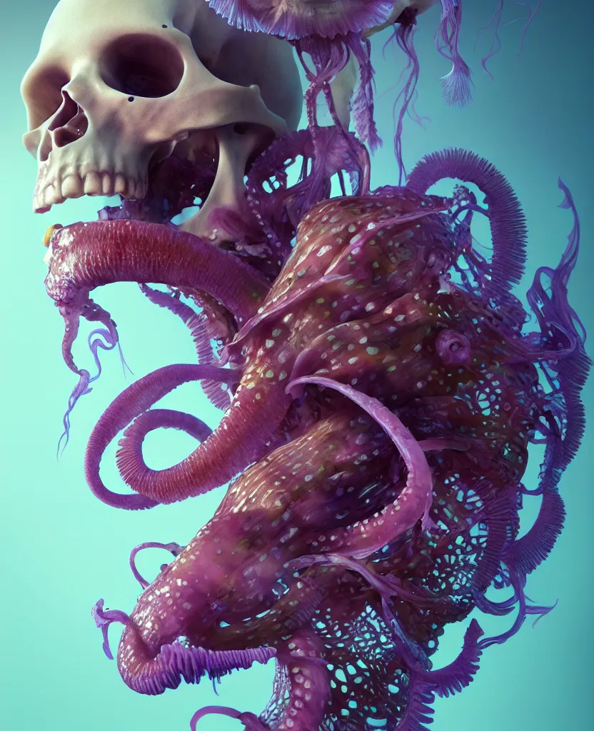 Image similar to goddess close - up portrait human skeleton, ram skull, squid phoenix jellyfish, orchid, betta fish, bioluminiscent, intricate artwork by tooth wu and wlop and beeple. octane render, trending on artstation, greg rutkowski very coherent symmetrical artwork. cinematic, hyper realism, high detail, octane render, 8 k