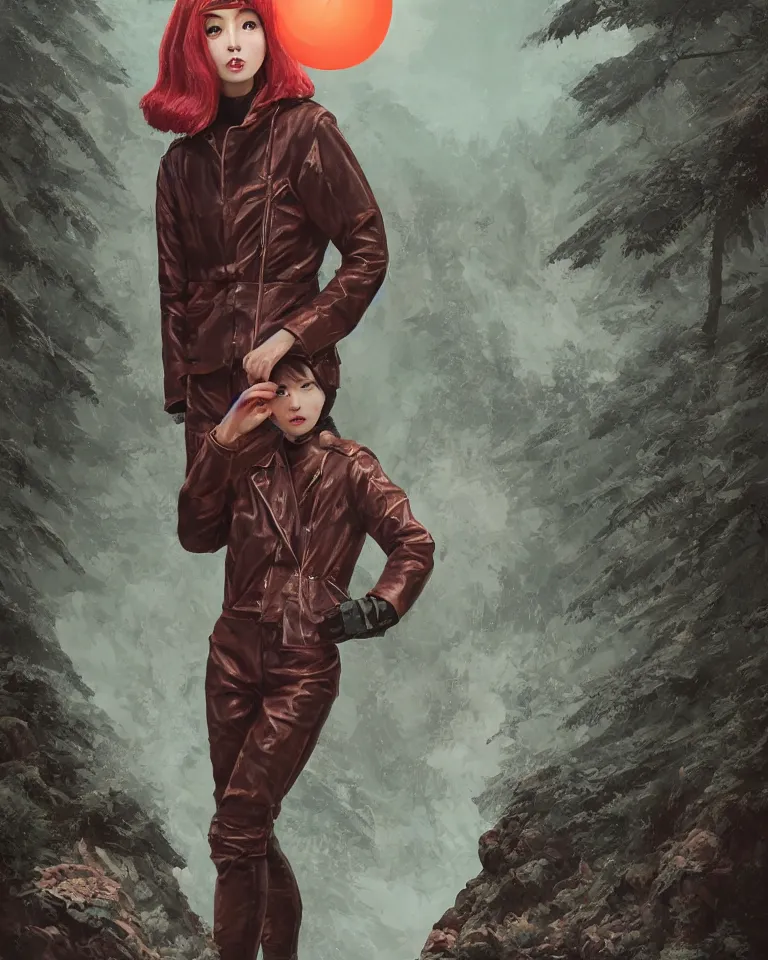 Image similar to highly detailed portrait of androgynous girl wearing bakelite leather jacket, bakelite rocky mountains, japanese haunted forest, by hsiao - ron cheng and artgerm, modular synthesizer helmet backpack, the grand budapest hotel, glow, no crop, digital art, artstation, pop art