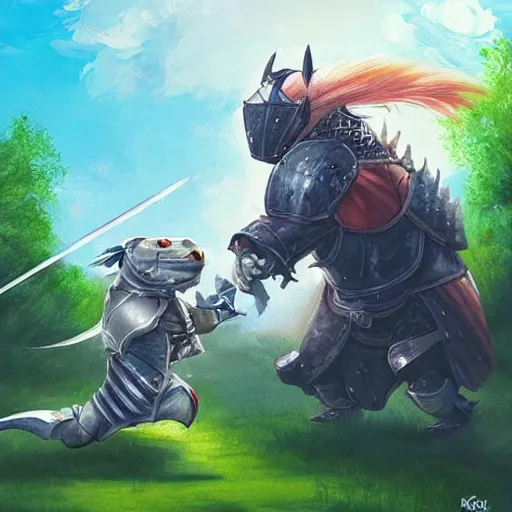 Prompt: a knight fighting a giant hamster, painting by ross tran