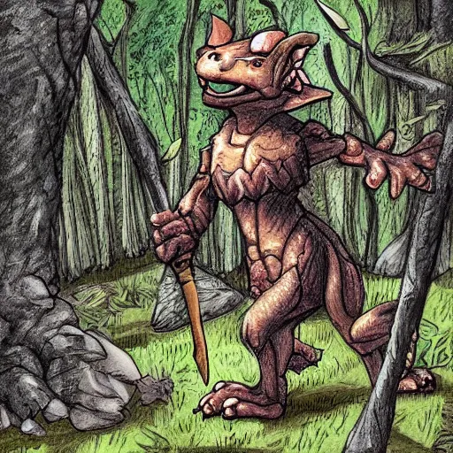 Prompt: kobold in a forest from d & d art by greg rutowski