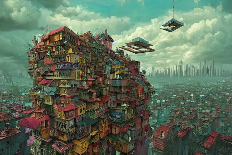 Image similar to surreal cyberpunk city, floating house in the sky, summer morning, very coherent and colorful high contrast, art by!!!! gediminas pranckevicius!!!!, geof darrow, dark shadows, hard lighting