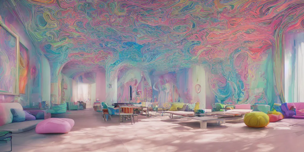 Prompt: a modern indoor room full of insane detailed colorfull smoke, clean architecture, pictures in the wall, pastel colored, intricate detailed 3 d render, hyper realistic intricate acrilic fluid art, intense colors, wide shot, octane render, concept art, daylight, peaceful, 8 k