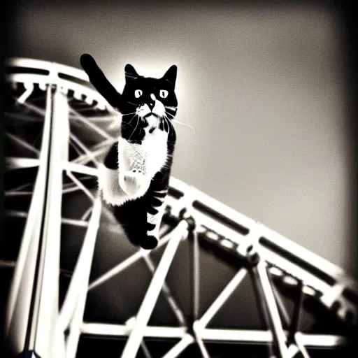 Image similar to !!! cat!!!, ( ferris wheel ), feline, sitting, riding, award winning photo, ragdoll cat,