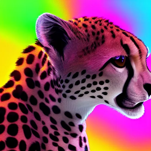 Prompt: closeup profile shot of a cheetah with neon spots, city lights, strong bokeh, dramatic, cinematic, high contrast, octane render, cgsociety, artstation, 4k