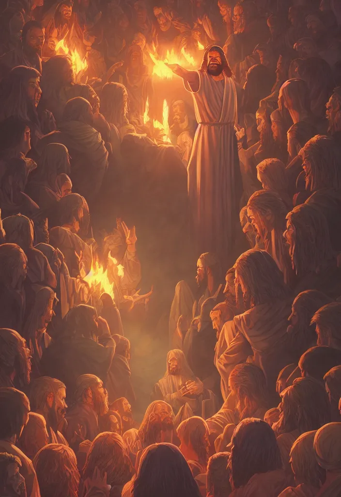 Image similar to a portrait of jesus preaching hell by dan mumford, yusuke murata and makoto shinkai, 8k, cel shaded, unreal engine, featured on artstation, pixiv