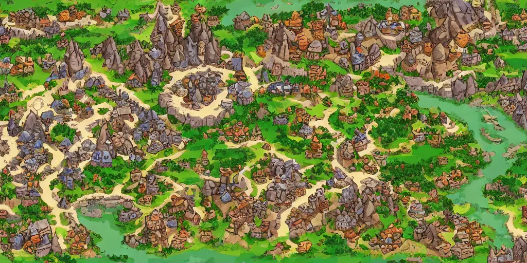 Image similar to a high detailed village vector art presenting an aerial view of a cartoonish rpg village by dungeondraft, dofus, patreon content, containing tables and walls, hd, straight lines, vector, grid, dnd map, map patreon, fantasy maps, foundry vtt, fantasy grounds, aerial view, dungeondraft, tabletop, inkarnate, dugeondraft, roll 2 0