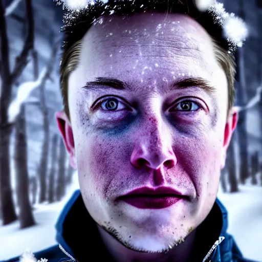 Prompt: Frozen Elon Musk covered in snow, blue, winter, grungy, unkept hair, glowing eyes, modelsociety, radiant skin, huge anime eyes, RTX on, perfect face, directed gaze, intricate, Sony a7R IV, symmetric balance, polarizing filter, Photolab, Lightroom, 4K, Dolby Vision, Photography Award