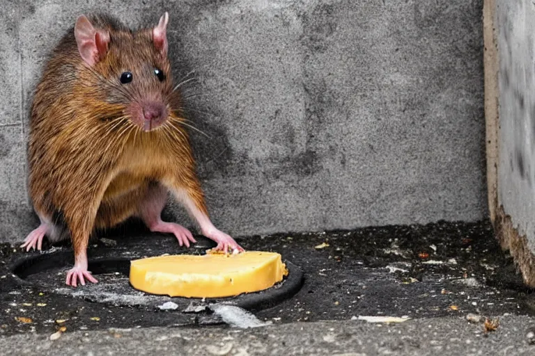 Image similar to a giant rat eating cheese in a sewer, photograph, terror, horror, mutant,