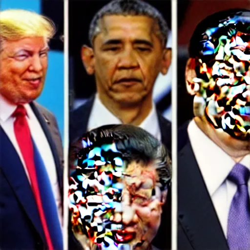 Image similar to vladimir putin, obama, trump and xi jinping at a strip club, hyperrealistic face, cnn, fox news,