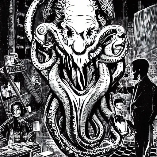 Image similar to Cthulhu as a modern day business man with a family and a drug and gambling addiction, necronomicon is the family Bible , Junji Ito and Greg rutkowski, psychedelic , 50s style infomercial , award winning , retro futuristic