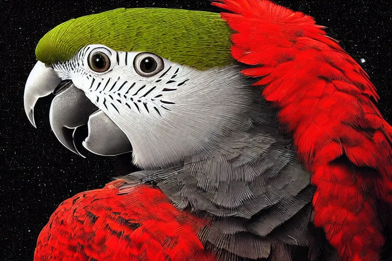 Prompt: “Portrait of a parrot” wearing a beautiful Costume , on a dark nebula background” digital Art, concept Art, highly detailed, 3-D 4K, trending on art station, Award winning, Alexander Hamilton style,