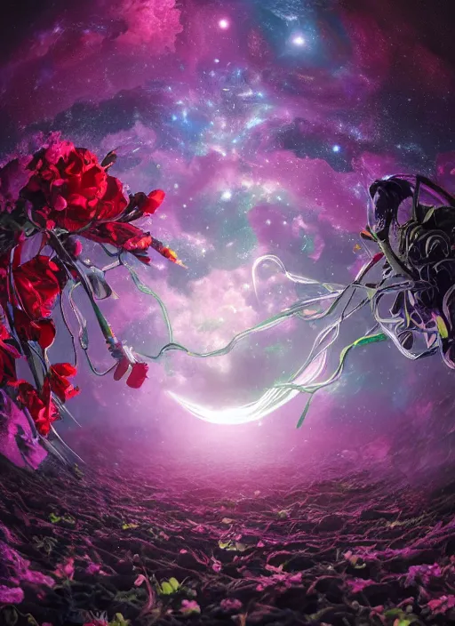 Prompt: An epic fantastic realism comic book style painting of the most beautiful entwined flowers launched across the dark galactic night sky, nebulous bouquets, fisheye lens, unreal 5, DAZ, hyperrealistic, octane render, dynamic lighting