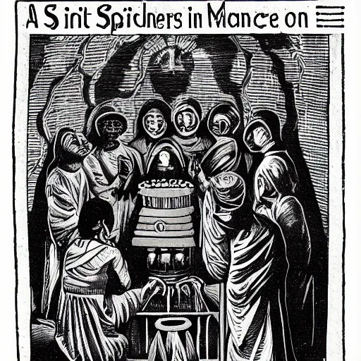 Prompt: a group of cultists who worship the spirit of the machine, engaged in prayer to the Machine Spirits, candle light