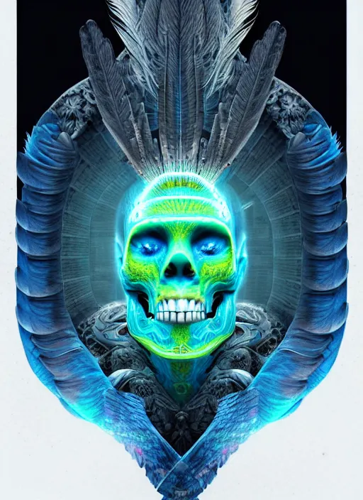 Image similar to 3 d shaman with tattoos profile portrait, sigma 5 0 0 mm f / 5. beautiful intricate highly detailed quetzalcoatl skull and feathers. bioluminescent, gradient background, plasma, frost, water, wind, creature, thunderstorm! artwork by tooth wu and wlop and beeple and greg rutkowski, 8 k trending on artstation,