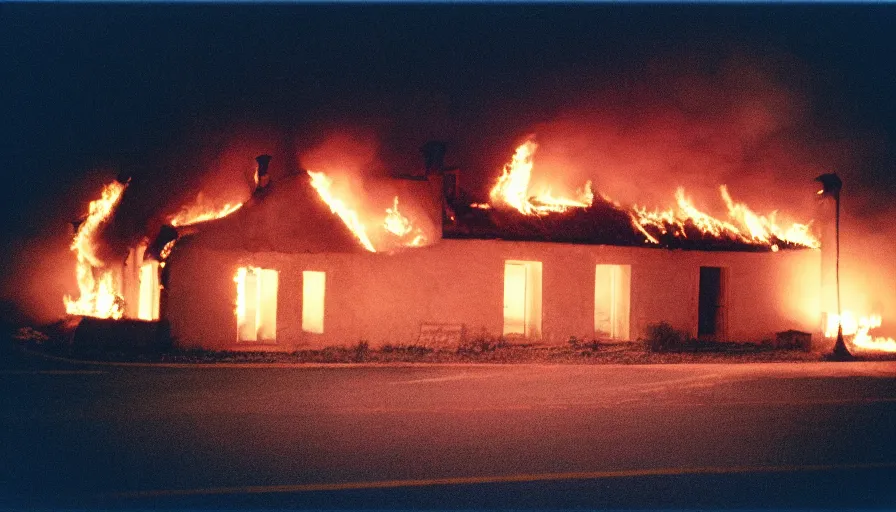 Prompt: 1 9 7 0 s movie still of a burning french style house in a small french village by night, cinestill 8 0 0 t 3 5 mm, heavy grain, high quality, high detail, dramatic light, anamorphic, flares