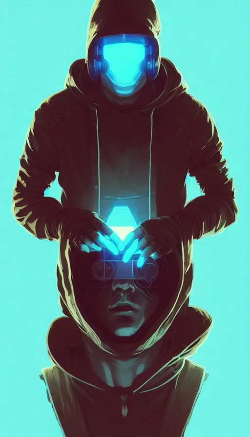 Image similar to cyberpunk synth, hyper - realistic portrait of a man in a hoodie, cyberpunk, by atey ghailan, by greg rutkowski, by greg tocchini, by james gilleard, by joe fenton, by kaethe butcher, dynamic lighting, gradient light blue, brown, blonde cream and white color scheme, grunge aesthetic