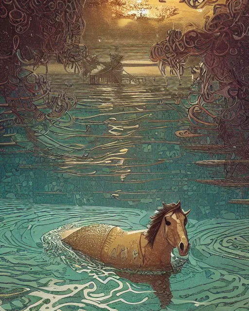 Image similar to a horse swimming in the water by abandoned ancient greek architecture submerged in water, digital art, illustrated by james gurney and victo ngai