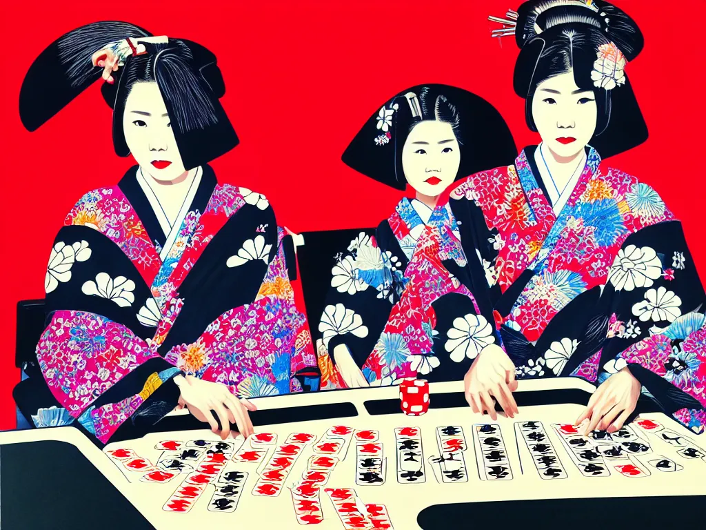 Image similar to hyperrealistic composition of the detailed woman in a japanese kimono sitting at a extremely detailed poker table with detailed darth vader, fireworks, mount fuji on the background, pop - art style, jacky tsai style, andy warhol style, acrylic on canvas