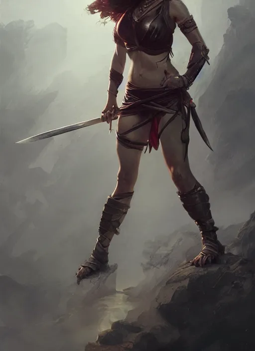 Image similar to hyper realistic photography, warrior girl with sword in her hand, full body, rule of thirds, human proportion, good anatomy, beautiful face, conceptart, saturated colors, cinematic, vallejo, frazetta, greg rutkowski