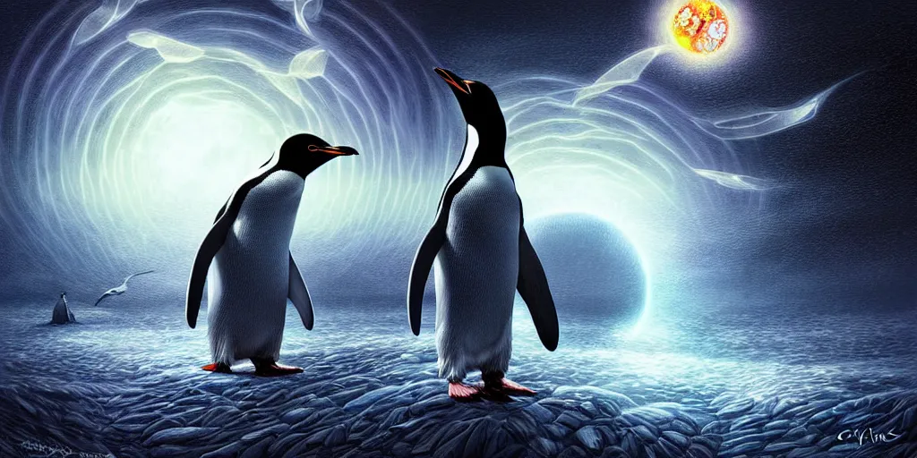 Image similar to an insanely beautiful and hyper detailed digital painting of a penguin staring out into a magical multiverse by ciryl rolando