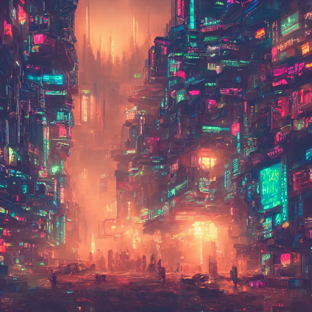 Prompt: a beautiful painting of a neon cyberpunk village by Tokio Aoyama, Mario Martinez, David Normal. photorealistic, trending on artstation, dramatic lighting, 8K, fantasy beautiful, surreal, cinematic