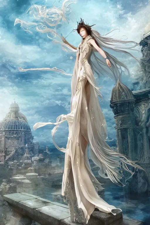 Image similar to a beautiful sorceress floating on air with elegant looks, flowing robe, ornate and flowing, intricate and soft by miho hirano, ruan jia, yoshitaka amano, wlop, beautiful roman architectural ruins in the background, epic sky, vray render, artstation, deviantart, pinterest, 5 0 0 px models