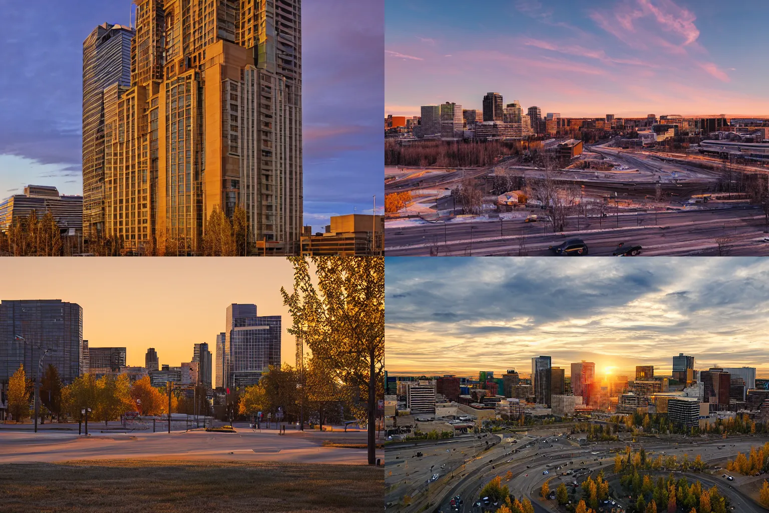 Prompt: eye-level photo depction of city of Edmonton Alberta, golden hour evening lighting, natural dynamic range color, 1/4th shutterspeed, canon 24mm f8