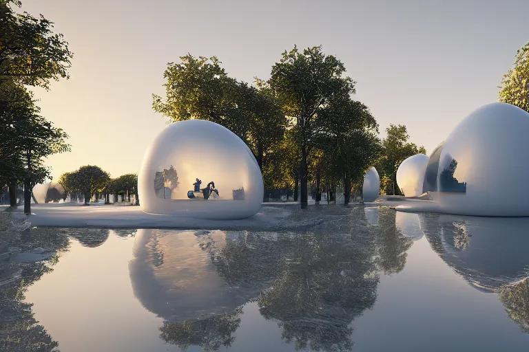 Image similar to white egg shaped bubble buildings of different sizes intersect and combine together. on the calm lake surface, people's perspective, future, interior wood, marble, award winning, highly detailed 4 k art, dusk, unreal engine highly rendered, global illumination, radial light, internal environment by kazuyo sejima