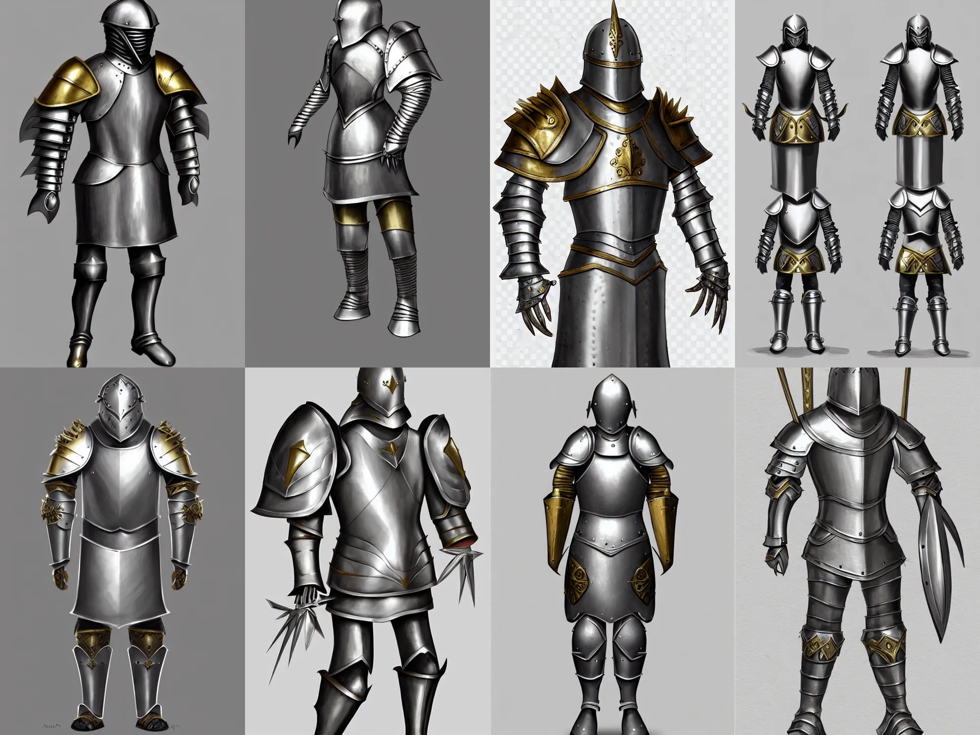 Prompt: medieval fantasy basic plate armor, concept sketch, silver with gold trim, extremely polished, heavy exaggerated proportions, huge shoulder pauldrons, flat shading, smooth, uncluttered, extremely clean, fantasy character portrait, professional concept art, orthographic front view, A-pose, full body