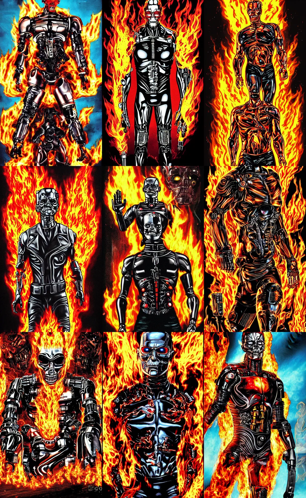 Prompt: comic book movie poster of the terminator android surrounded by flames by gabz