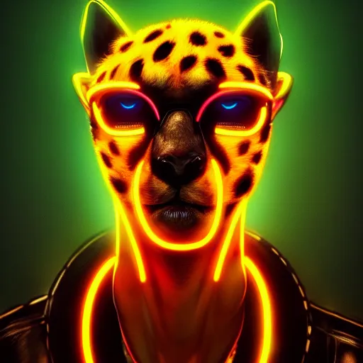 Image similar to a beautiful commission of an anthropomorphic cheetah wearing a neon jacket,futuristic,detailed face,character design by charles bowater,mohawk,cyberpunk style,deviantart,artstation,art by greg rutkowski,ross tran,professional lighting,neon city,night,raytracing,rtx