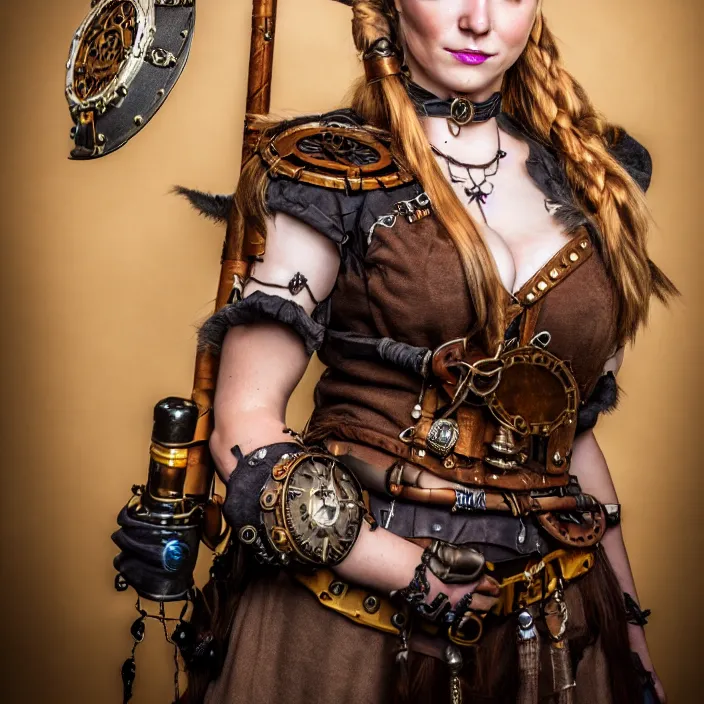 Prompt: full length portrait photograph of a real-life beautiful female steampunk viking, Extremely detailed. 8k