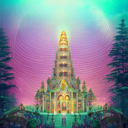 Prompt: mystical realistic poster with shaded lighting by arjun brooklyn radiant light, detailed and complex environment, solace, beautiful, utopic astral city in the sky with many buildings and temples reflecting an modern city on the ground with old growth pine trees, overlaid sacred geometry, with implied lines, gradient of hot pink and neon baby blue