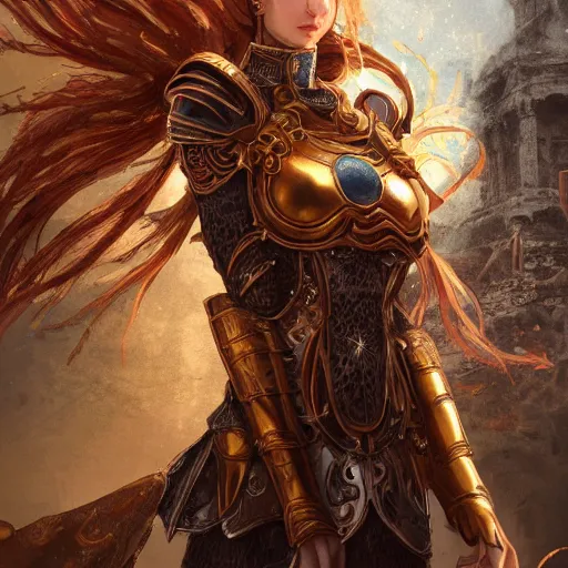 Image similar to portrait knights of Zodiac girl, golden and copper armor, in ruined Agora of Athens, ssci-fi, fantasy, intricate, very very beautiful, elegant, highly detailed, digital painting, artstation, concept art, smooth, sharp focus, illustration, art by WLOP and tian zi and artgerm