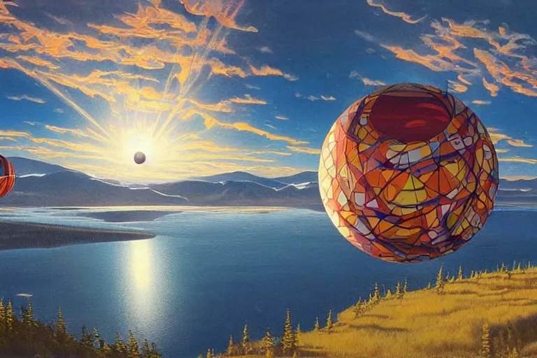 Image similar to a giant ((((metallic)))) floating sphere covered in canadian colorful aboriginal patterns!! hovering above a Yukon lake, (painted by Ralph McQuarrie), matte painting, very detailed, 1500K, concept art