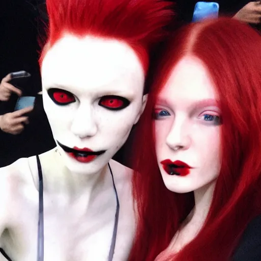 Prompt: A vampire with red hair taking a selfie at a Balenciaga runway show