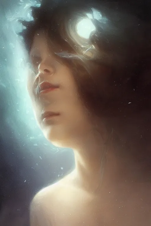 Image similar to floating deep in dark murky water!!!, underwater atmospheric mood, asleep and dreaming! cinematic volumetric lights, bust portrait, dnd, fantasy, intricate, elegant, highly detailed, digital painting, artstation, concept art, smooth, sharp focus, illustration, art by artgerm and tom bagshaw and greg rutkowski and alphonse mucha