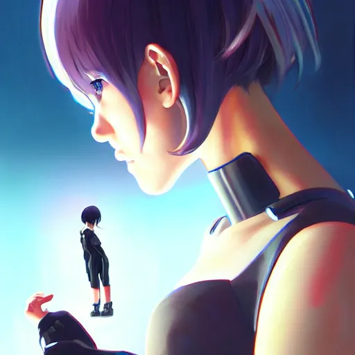 Prompt: digital anime, cyborg - girl looking into a mirror, mechanical insides, reflections, wlop, ilya kuvshinov, artgerm