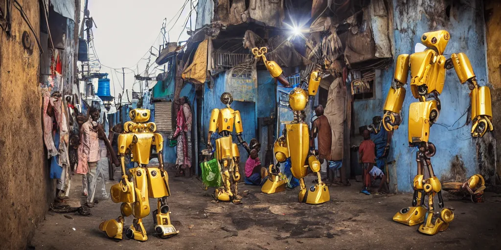 Prompt: mecha ROBOT of AJEGUNLE SLUMS of Lagos with african JESUS CHRIST on walls, people smiling about AESTHETICS, large UFO with NEON ray of light, Golden Hour light, analogue photo
