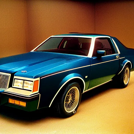 Image similar to 1980 Grand National GNX, inside of an auto dealership, ektachrome photograph, volumetric lighting, f8 aperture, cinematic Eastman 5384 film