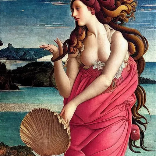 Image similar to an hyperrealistic mythological oil painting of venus with long curly brown hair, full body, wearing pink floral chiton, sing n a giant scallop shell, near the seashore, intricate lines, elegant, renaissance style, by sandro botticelli and william waterhouse