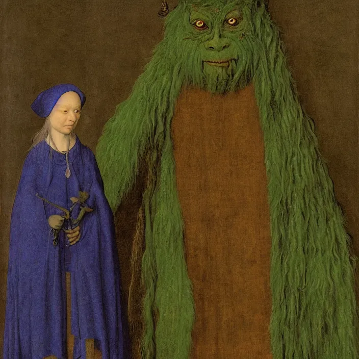 Prompt: a green-horned goblin monster, standing next to veiled figure, by Jan van Eyck