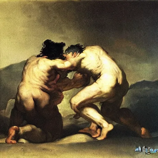 Prompt: Cain vs Abel by francisco goya, mythological painting, oil painting