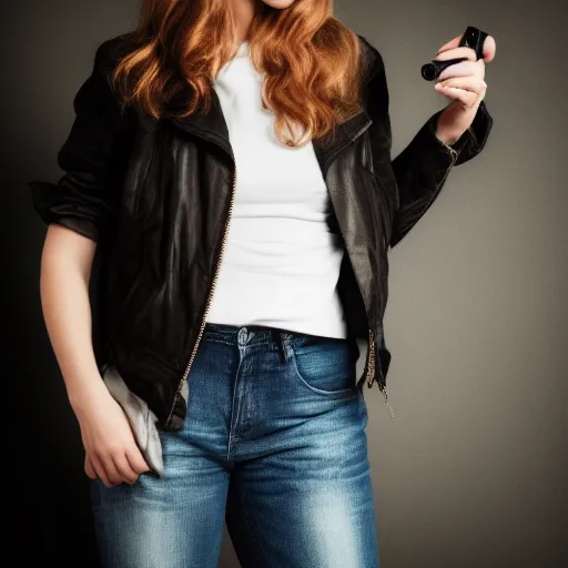 Image similar to a woman in black jacket and jeans holding a camera, a photo by Camille Souter, shutterstock, art photography, studio photography, stylish, black background