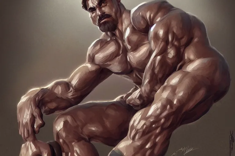 Image similar to gigachad luigi bodybuilder crouching by ilya kuvshinov, ernest khalimov body, super mario bros symmetrical face concept art, hyper realistic, intricate, elegent, highly detailed, digital painting, concept art, smooth, sharp, focus, illustration, art by artgerm and greg rutkowski and alphonse mucha, artstation