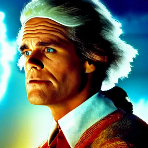 Image similar to stunning awe inspiring jim carrey as doc brown in the movie back to the future, movie still 8 k hdr atmospheric lighting